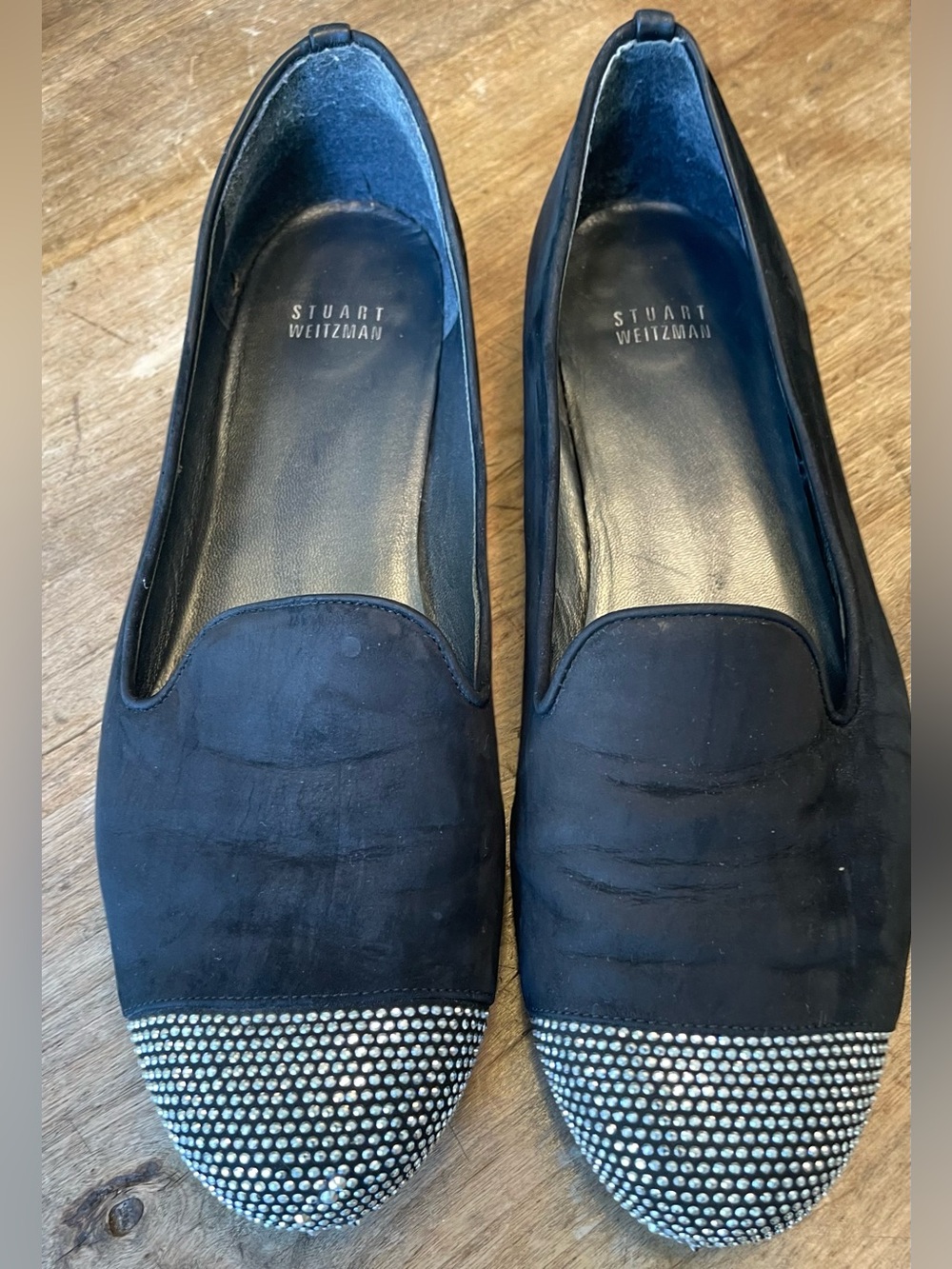 Stuart Weitzman Black 'Lingo' Rhinestone Studded Suede Flats Sz 9.5